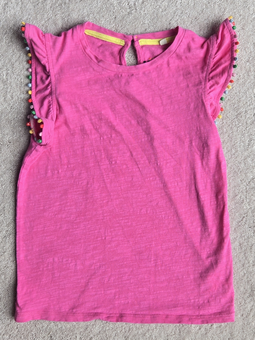 Mini Boden Hot Pink Flutter Sleeve Tank with Multicolor Pom Trim